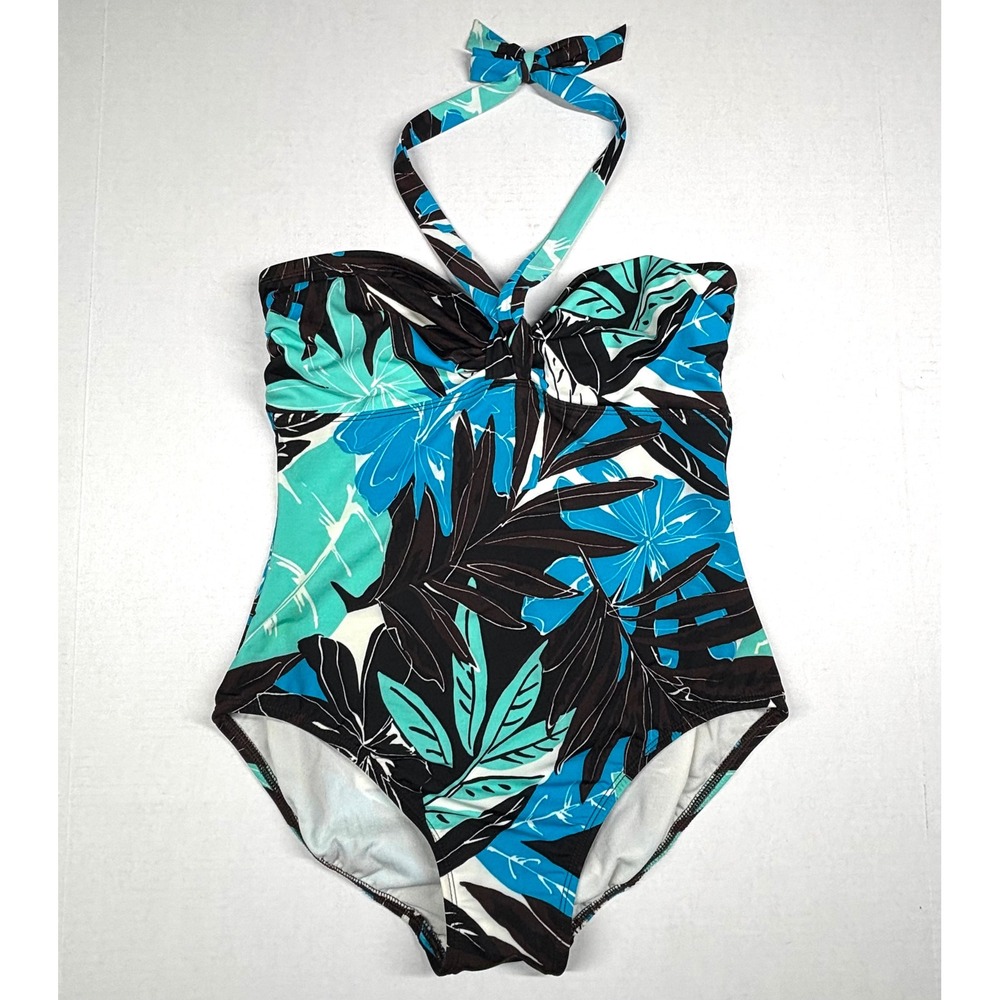 Magicsuit Women 10 Blue Turquoise Tropical Floral Halter One Piece Swimsuit EUC
